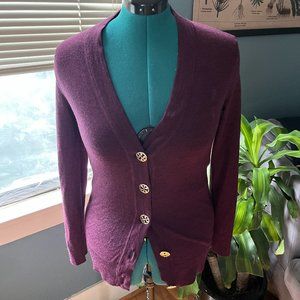 Tory Burch Burgundy Merino Wool Gold Logo Buttons Cardigan - Small